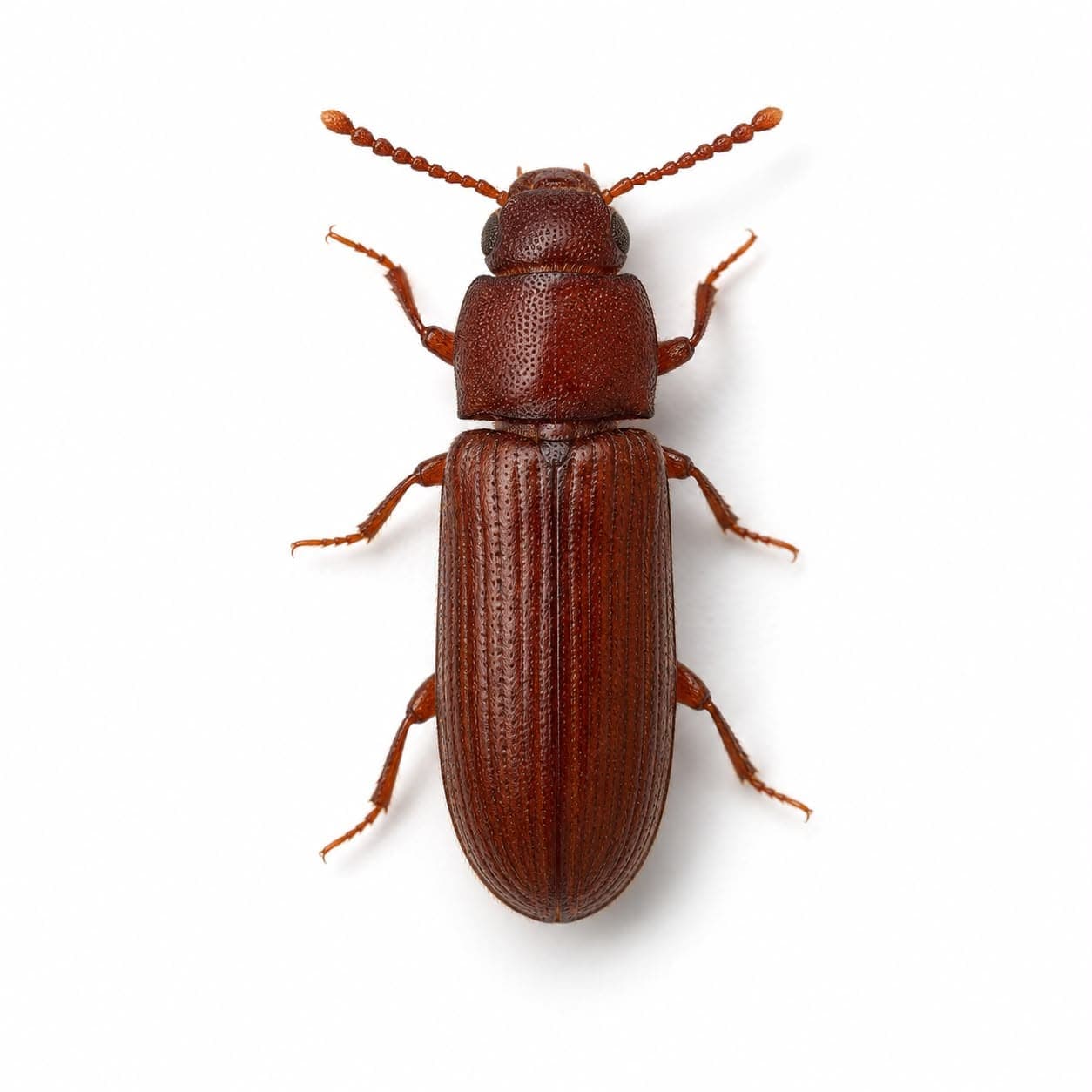 Rotbrauner Reismehlkäfer (Tribolium castaneum) in Nahaufnahme, Bestimmungsbild aus dem Schädlingslexikon