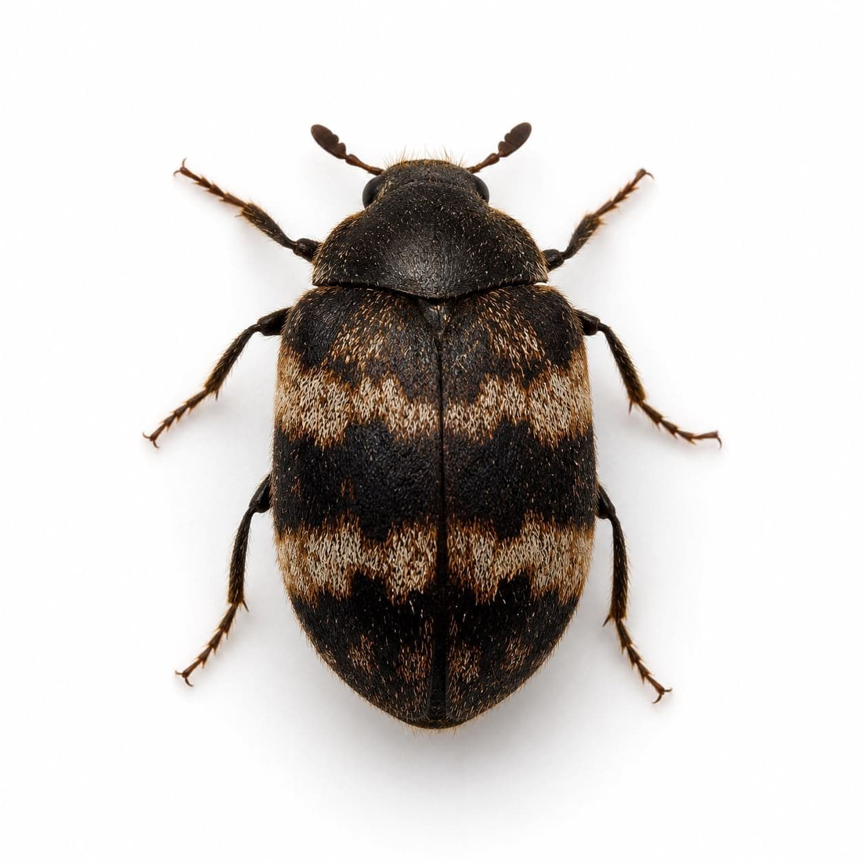 Speckkäfer (Dermestes lardarius) in Nahaufnahme, Bestimmungsbild aus dem Schädlingslexikon