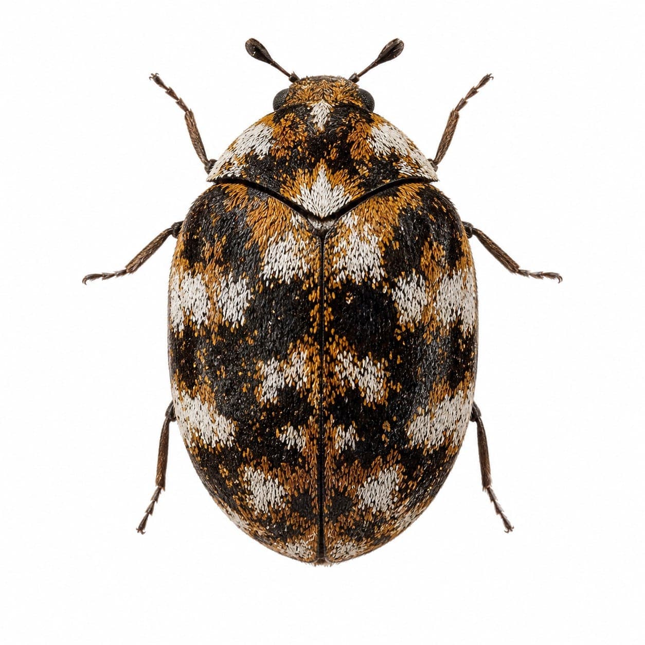 Teppichkäfer (Anthrenus scrophulariae) in Nahaufnahme, Bestimmungsbild aus dem Schädlingslexikon